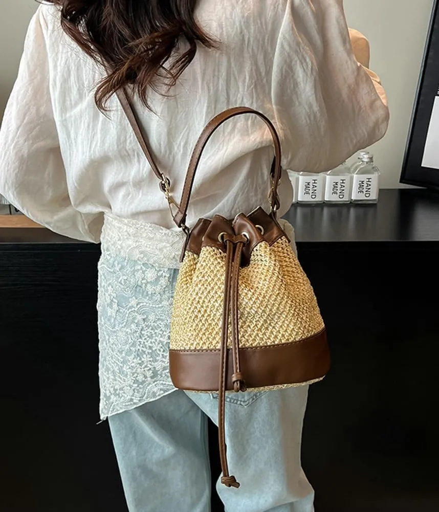 Casual Straw Bucket Bag Summer Woven Crossbody Bags for Women Hobo Drawstring Purse Vacation Handbags Straw Beach Bag