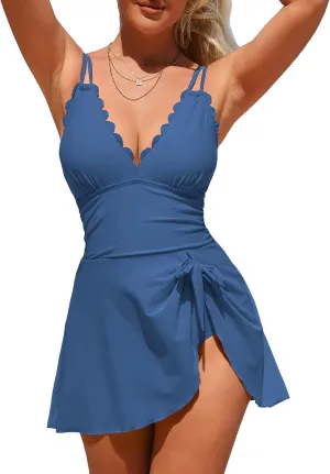 Charmo One Piece Swimdress Swimsuits for Women Scalloped Tummy Control Swim Dress Tie Knot Skirt Bathing Suit