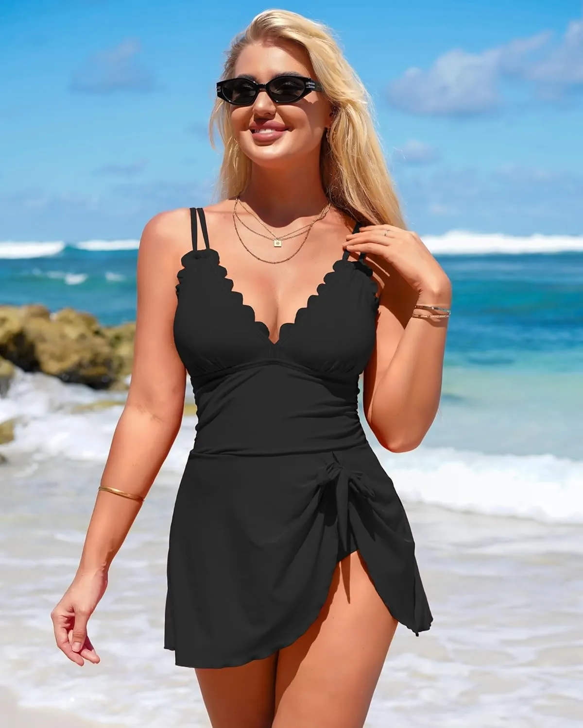 Charmo One Piece Swimdress Swimsuits for Women Scalloped Tummy Control Swim Dress Tie Knot Skirt Bathing Suit