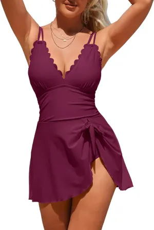 Charmo One Piece Swimdress Swimsuits for Women Scalloped Tummy Control Swim Dress Tie Knot Skirt Bathing Suit