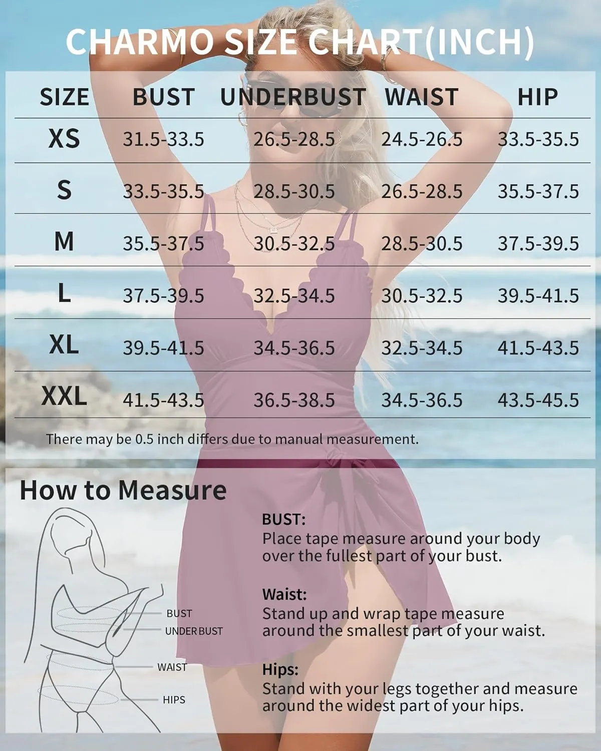 Charmo One Piece Swimdress Swimsuits for Women Scalloped Tummy Control Swim Dress Tie Knot Skirt Bathing Suit