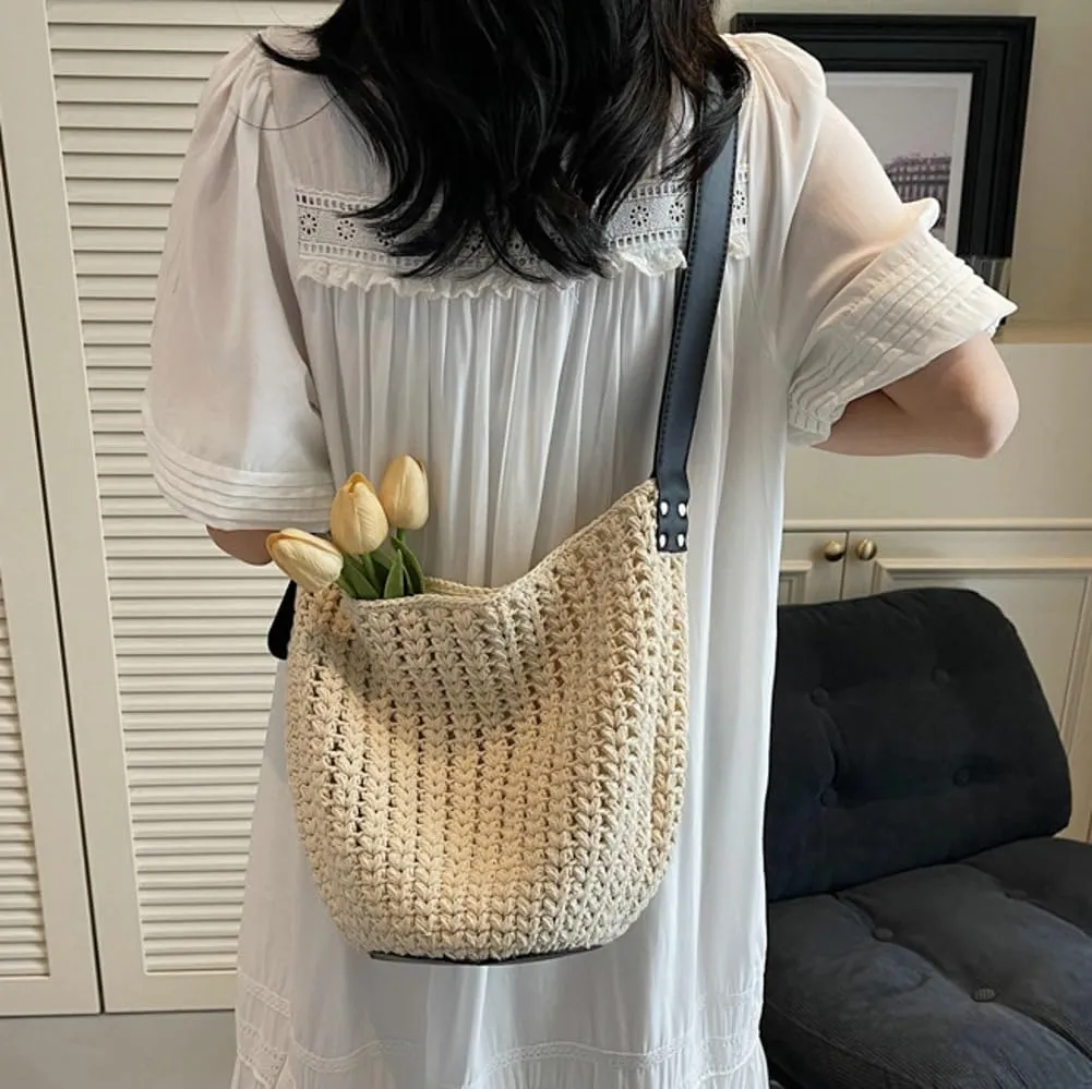 Crochet Bucket Tote Bag Handmade Satchel Shoulder Purses Cotton Hobo Purse Summer Beach Woven Crossbody Bags for Women