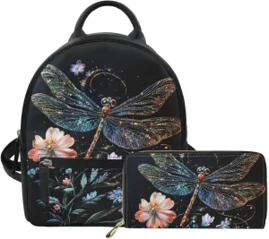 Dragonfly Backpack Purse Set for Women Teen Girls Vintage Leather Small Backpack and Wallet Set for Travel Portable Purses Ladies Handbags with Zippers Mini Totes 2 Pack