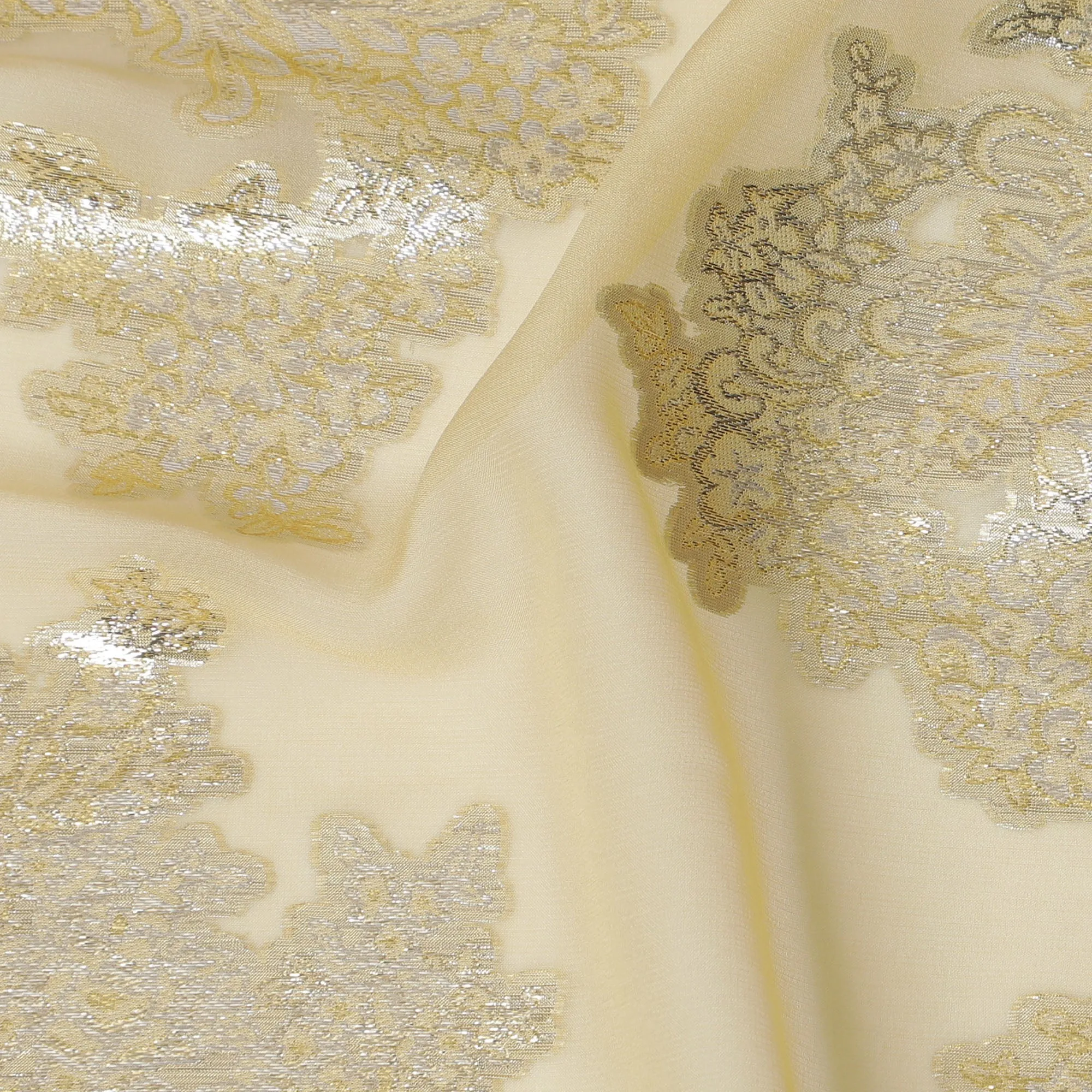Elegant Blonde Yellow Silk Chiffon Fabric with Metallic Lurex Floral Design, 110 cm Width, South Korea-D19717