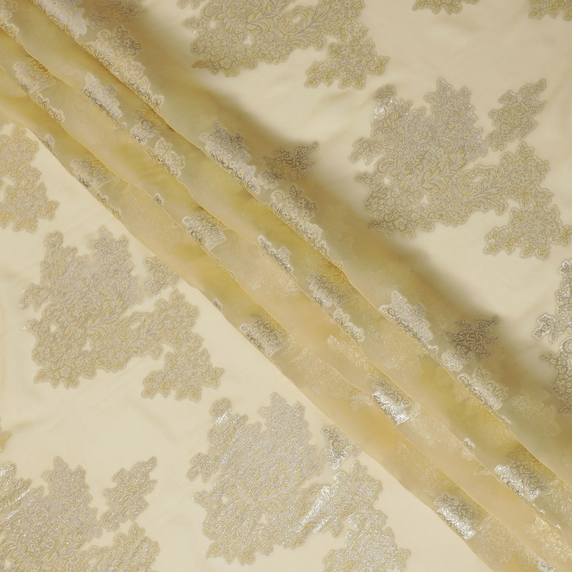 Elegant Blonde Yellow Silk Chiffon Fabric with Metallic Lurex Floral Design, 110 cm Width, South Korea-D19717