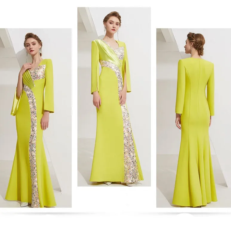 Elegant high-end light luxury niche dress women's long sleeve long evening gown dress- Italia