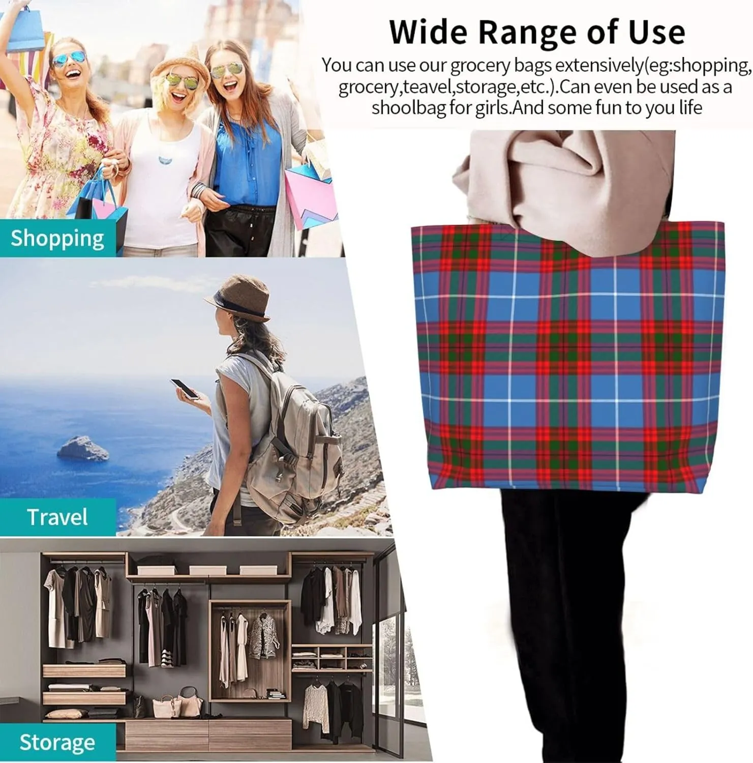 Elliot Ancient Tartan Tote Bag For Women Weekender Travel Bag Reusable Grocery Bags Large Totes Handbags