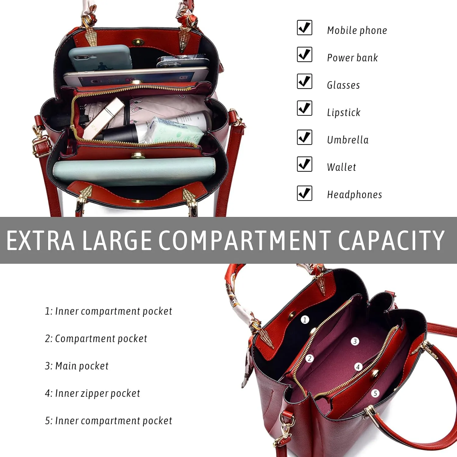 Eslcorri Women Purse Small Top Handle Satchel Bag Shoulder Tote Handbag PU Leather Lady Crossbody Hobo Bag with Charm & Scarf
