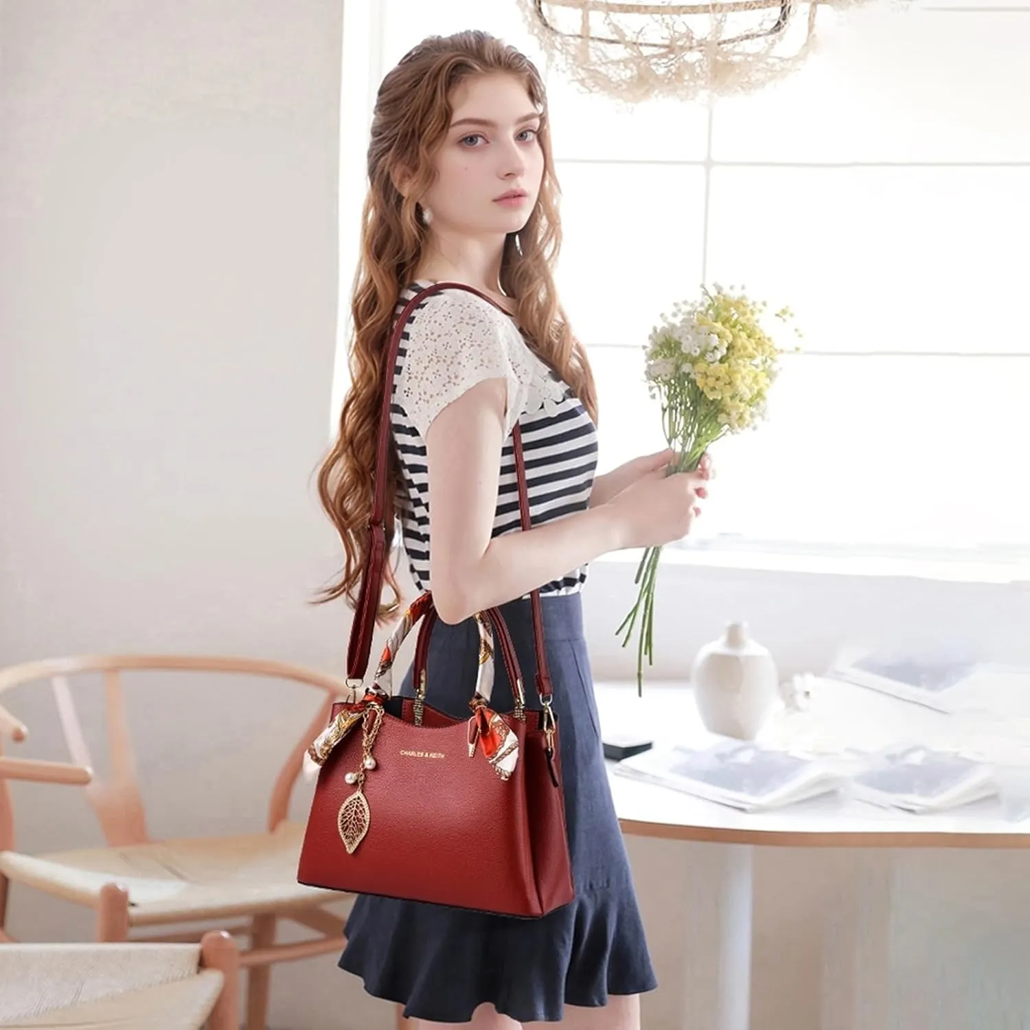 Eslcorri Women Purse Small Top Handle Satchel Bag Shoulder Tote Handbag PU Leather Lady Crossbody Hobo Bag with Charm & Scarf
