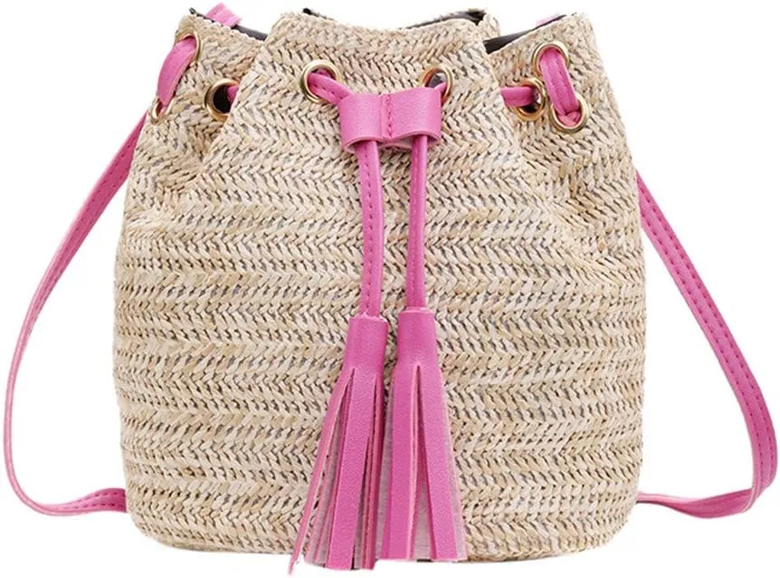 FarJing Crossbody Bags For Women ! Fashion Lady Literary Straw Tassel Bucket Wild Shoulder Bag Messenger BagHot Pink)