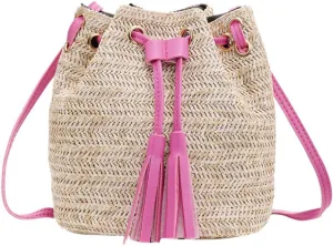 FarJing Crossbody Bags For Women ! Fashion Lady Literary Straw Tassel Bucket Wild Shoulder Bag Messenger BagHot Pink)