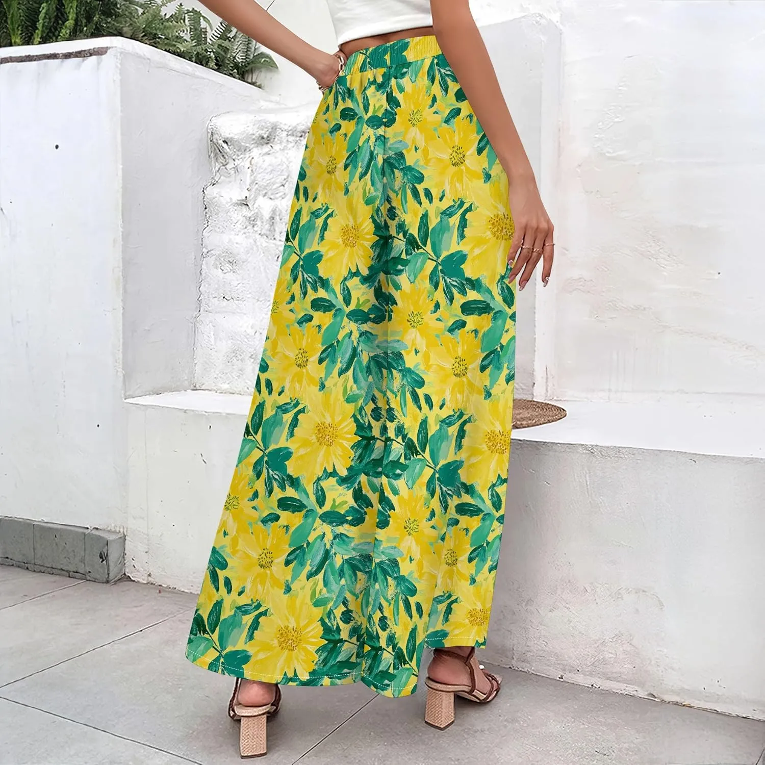 Floral Wide Leg Pants Women Elastic Waist Summer Beach Pant Side Slit Flowy Boho Trouser Tropical Lounge Baggy Jogger