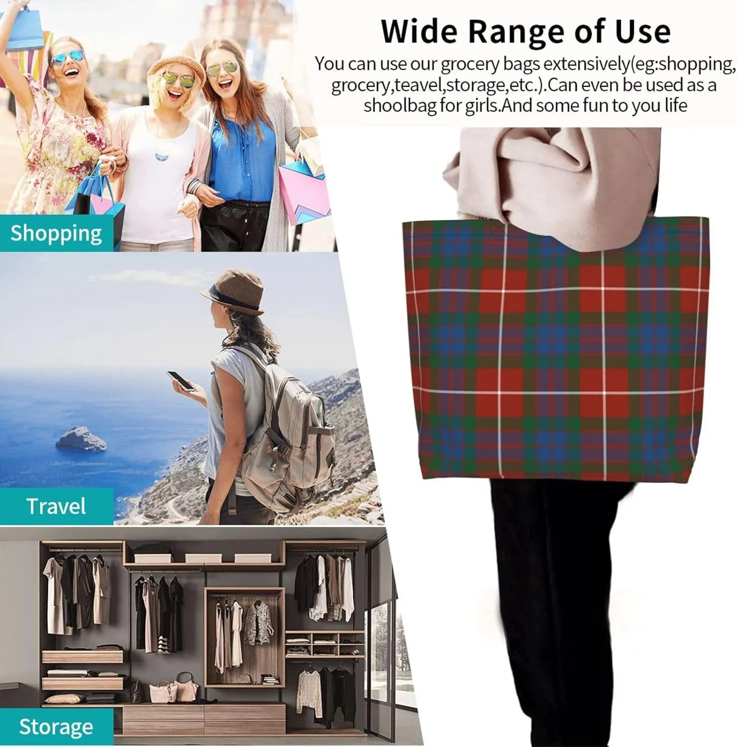 Fraser Hunting Modern Tartan Tote Bag For Women Weekender Travel Bag Reusable Grocery Bags Large Totes Handbags