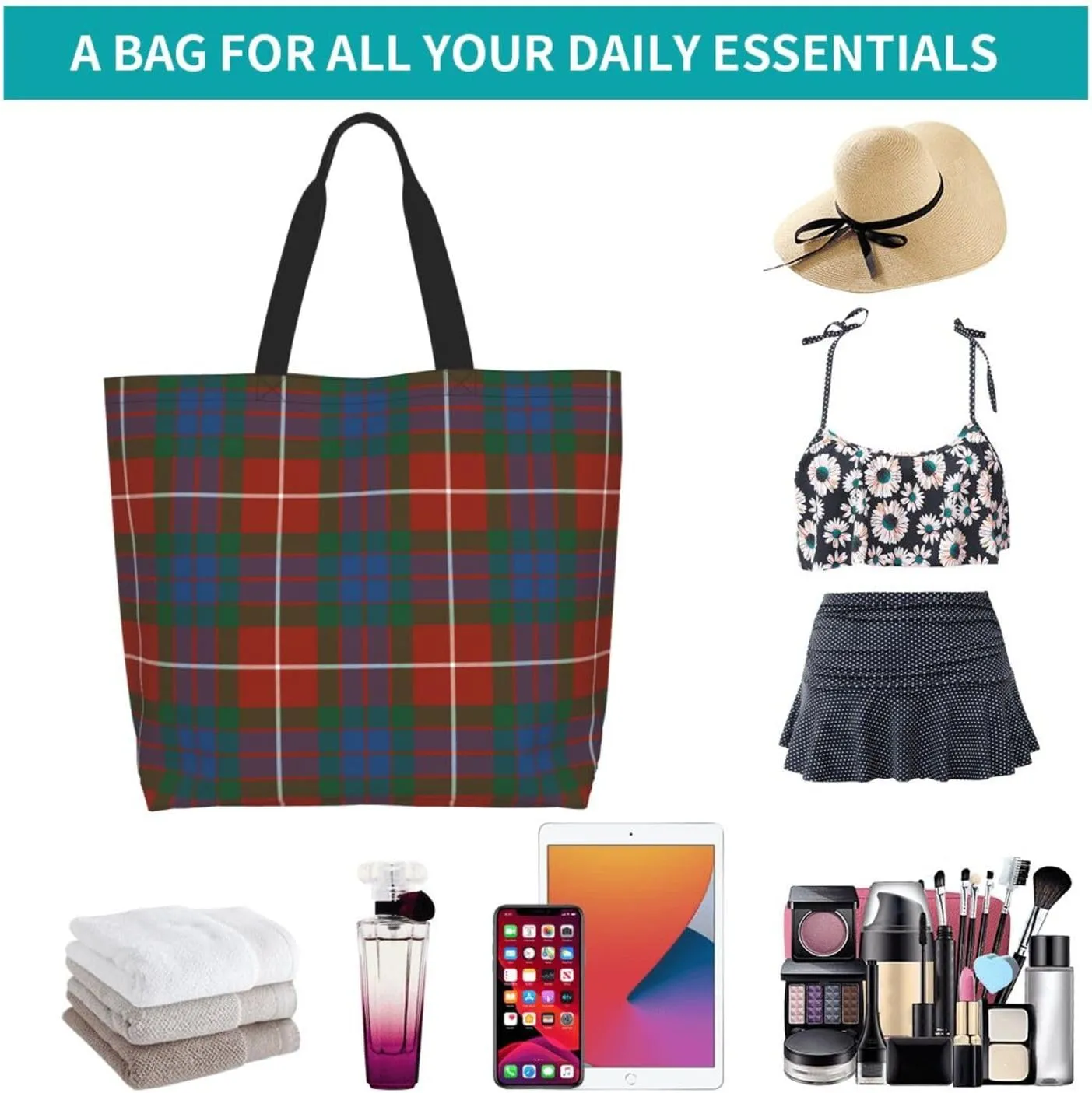 Fraser Hunting Modern Tartan Tote Bag For Women Weekender Travel Bag Reusable Grocery Bags Large Totes Handbags