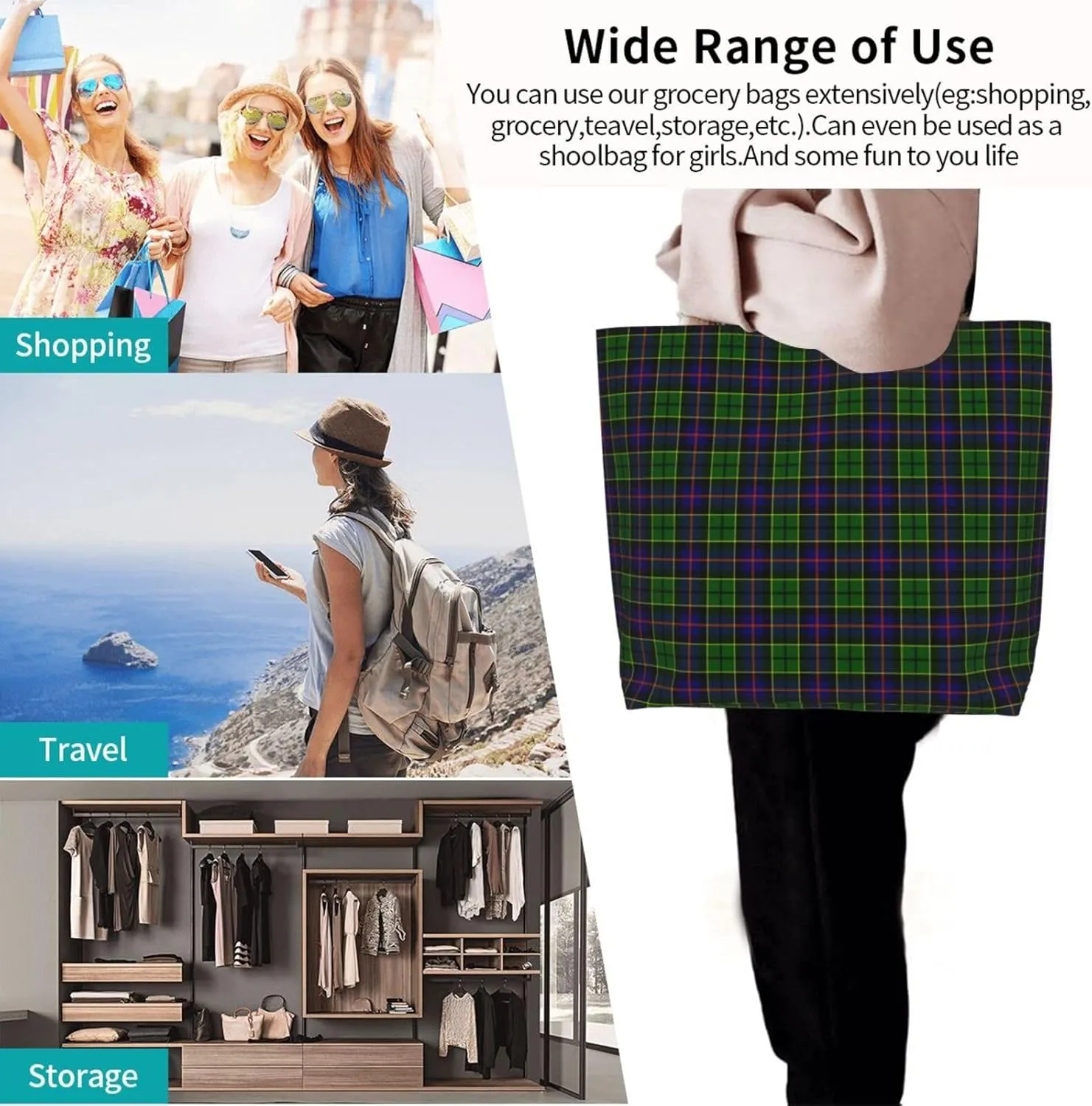 Fraser Hunting Modern Tartan Tote Bag For Women Weekender Travel Bag Reusable Grocery Bags Large Totes Handbags