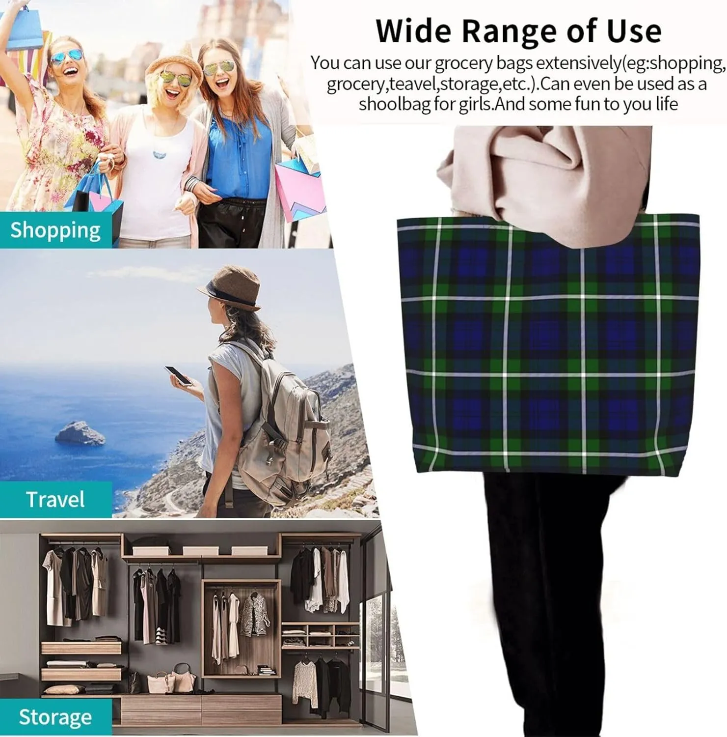 Fraser Hunting Modern Tartan Tote Bag For Women Weekender Travel Bag Reusable Grocery Bags Large Totes Handbags