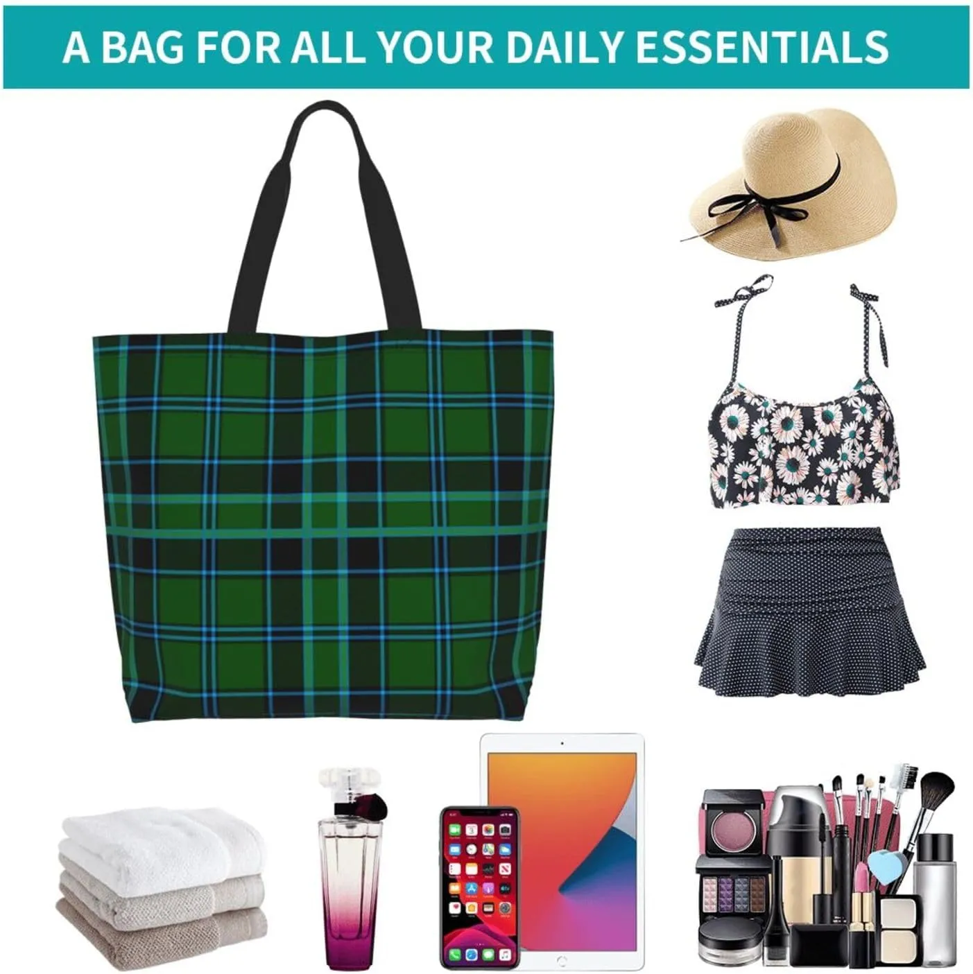 Fraser Hunting Modern Tartan Tote Bag For Women Weekender Travel Bag Reusable Grocery Bags Large Totes Handbags