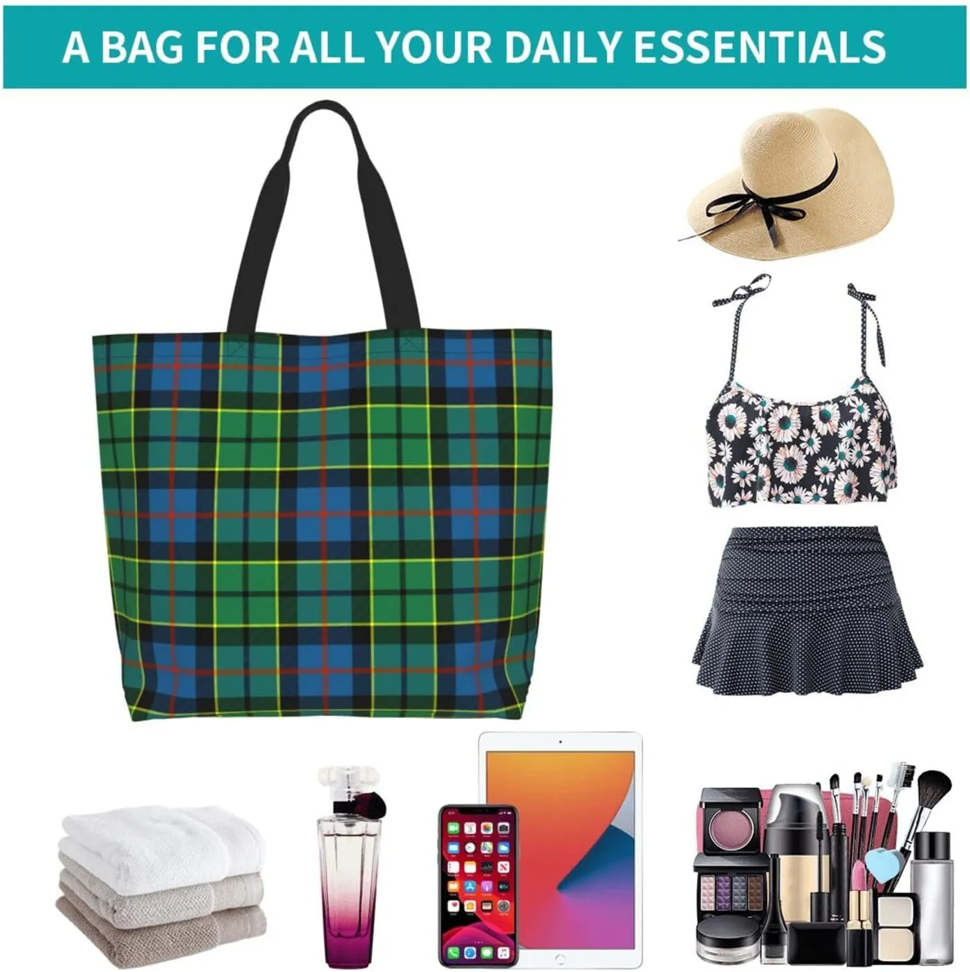 Fraser Hunting Modern Tartan Tote Bag For Women Weekender Travel Bag Reusable Grocery Bags Large Totes Handbags