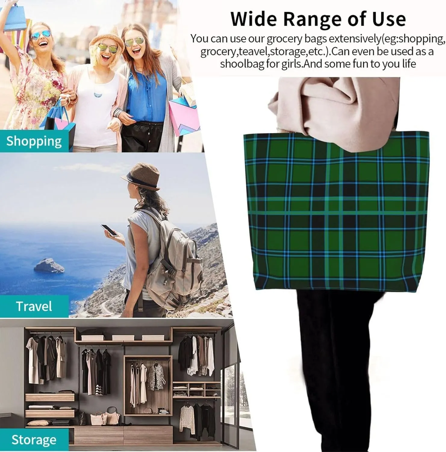 Fraser Hunting Modern Tartan Tote Bag For Women Weekender Travel Bag Reusable Grocery Bags Large Totes Handbags