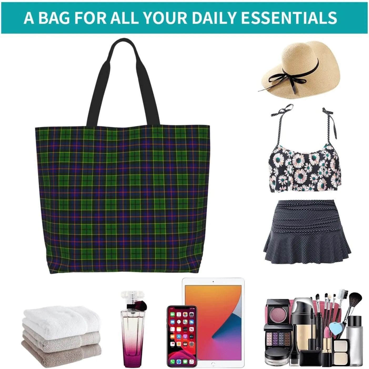 Fraser Hunting Modern Tartan Tote Bag For Women Weekender Travel Bag Reusable Grocery Bags Large Totes Handbags