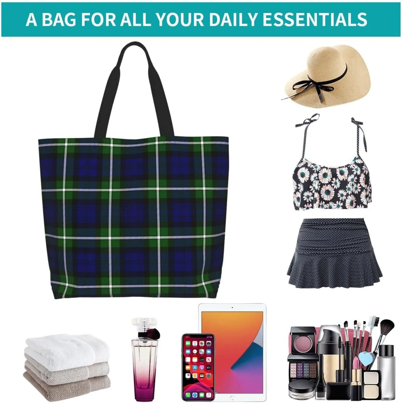 Fraser Hunting Modern Tartan Tote Bag For Women Weekender Travel Bag Reusable Grocery Bags Large Totes Handbags