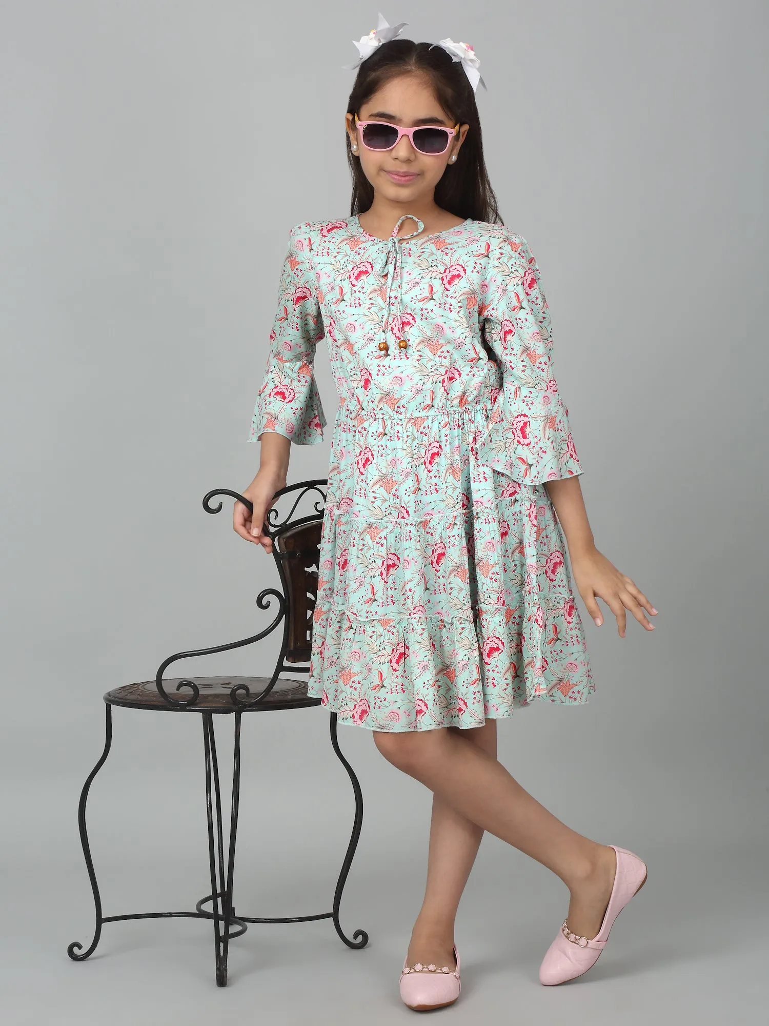 Girl's Multicolor Knee Length Floral Printed Dress