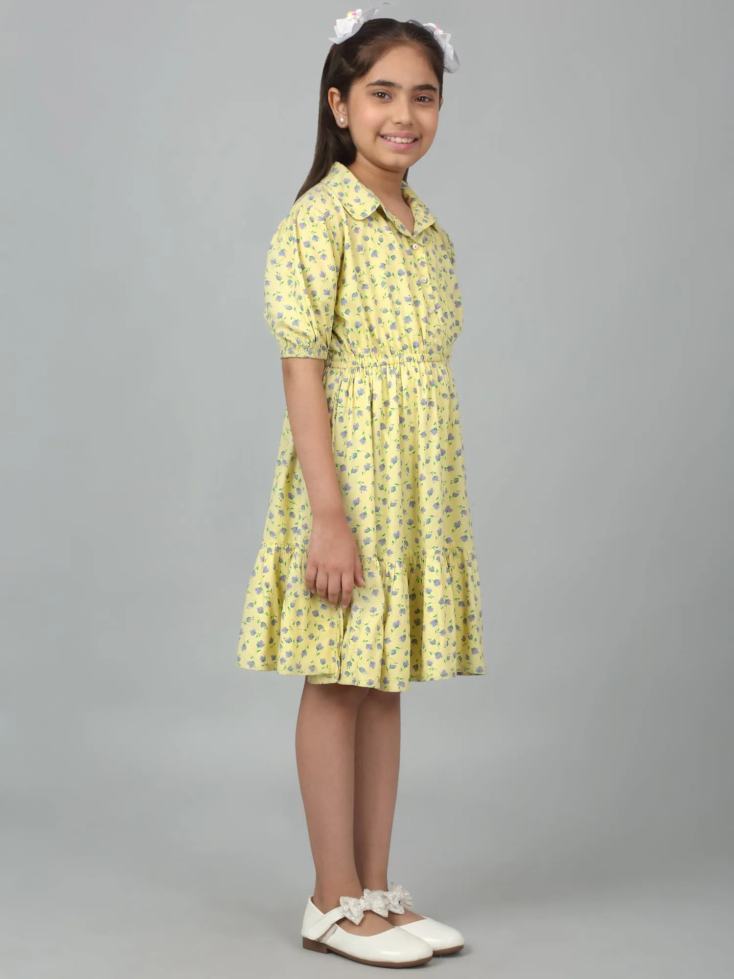Girls Yellow Half Sleeves Floral Print Dress