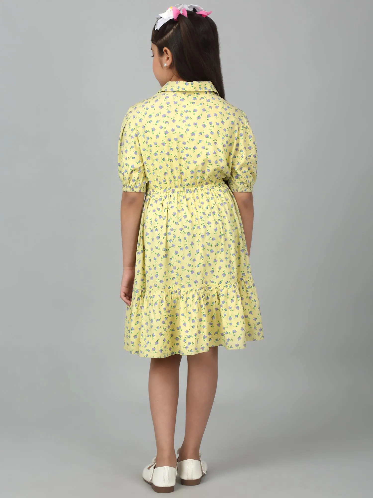 Girls Yellow Half Sleeves Floral Print Dress