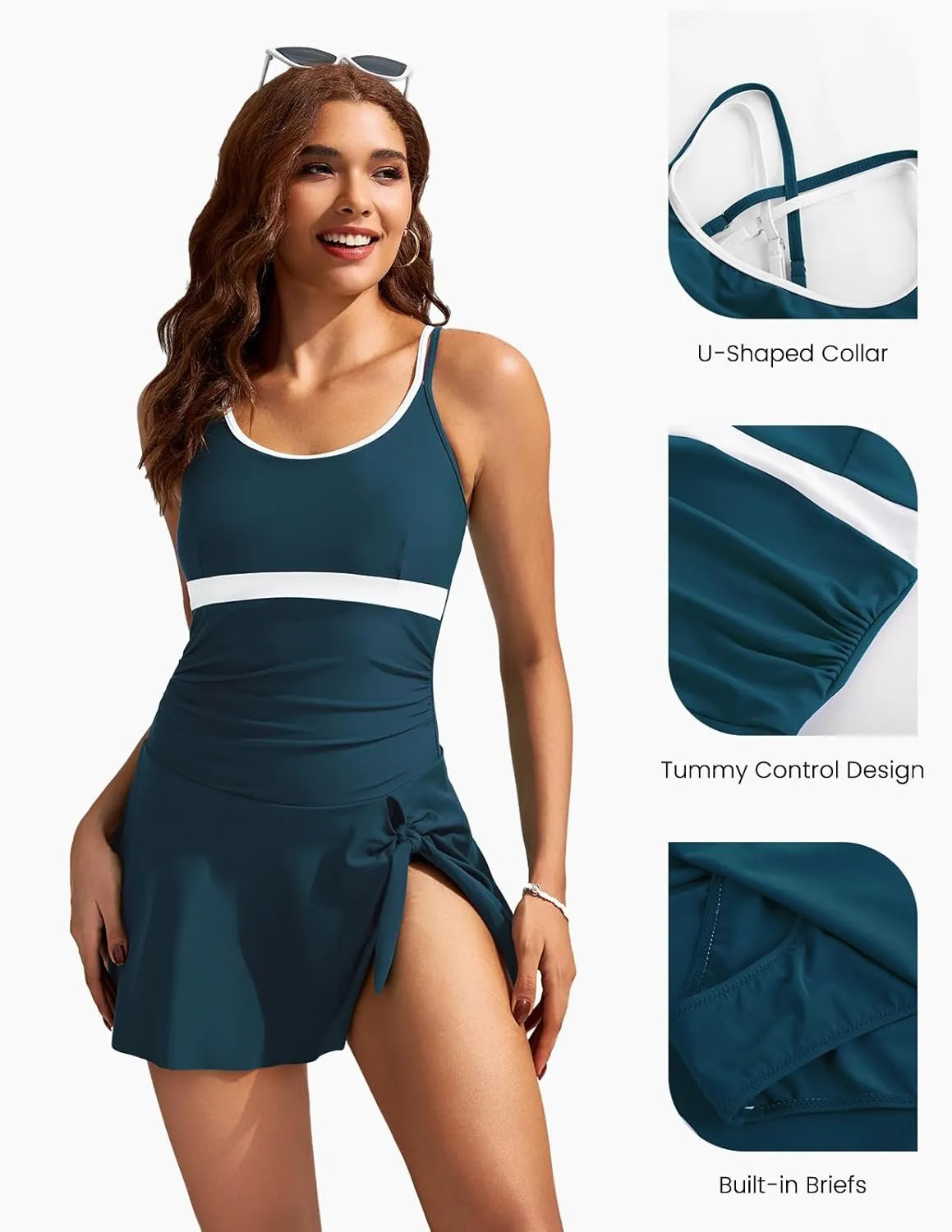 Kate Kasin Women One Piece Swimsuit Tummy Control Swim Dress Color Block Bathing Suit Skirt