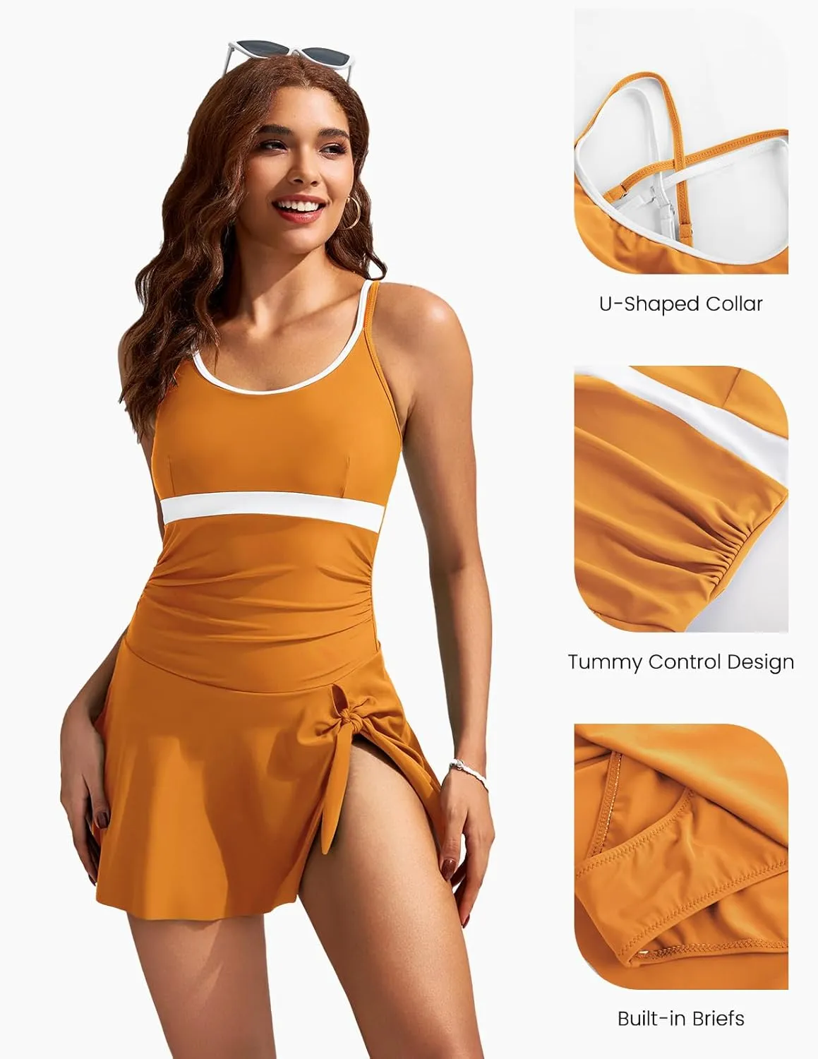 Kate Kasin Women One Piece Swimsuit Tummy Control Swim Dress Color Block Bathing Suit Skirt