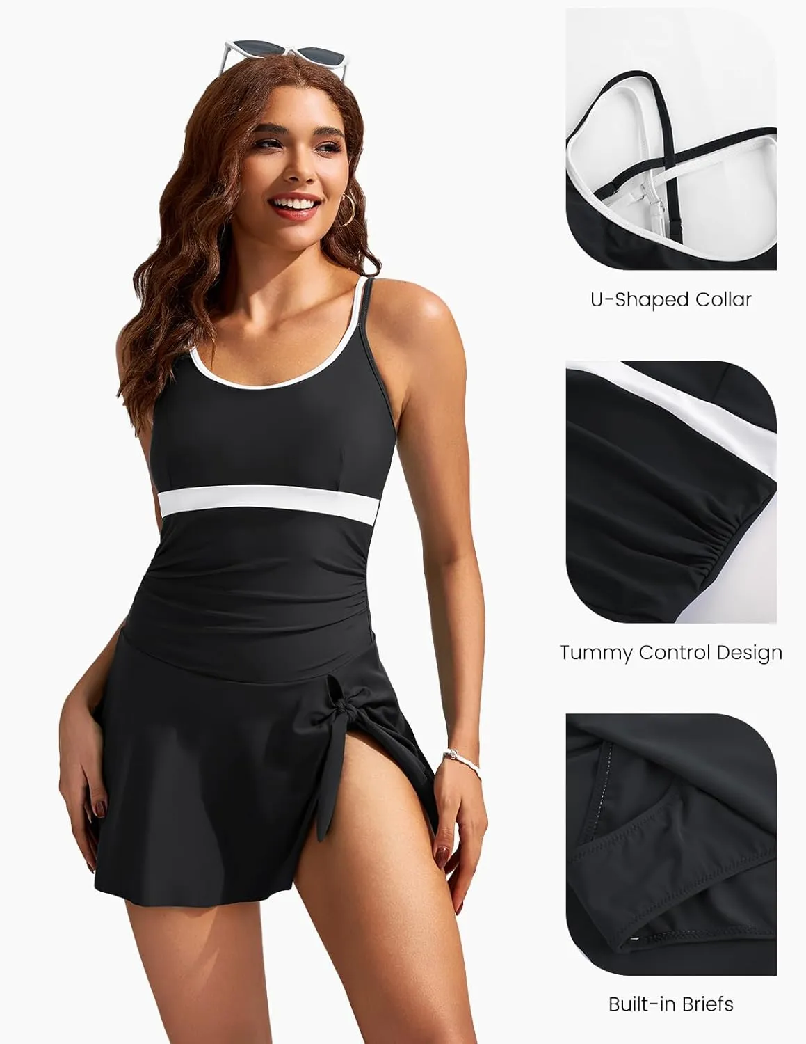 Kate Kasin Women One Piece Swimsuit Tummy Control Swim Dress Color Block Bathing Suit Skirt