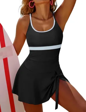 Kate Kasin Women One Piece Swimsuit Tummy Control Swim Dress Color Block Bathing Suit Skirt