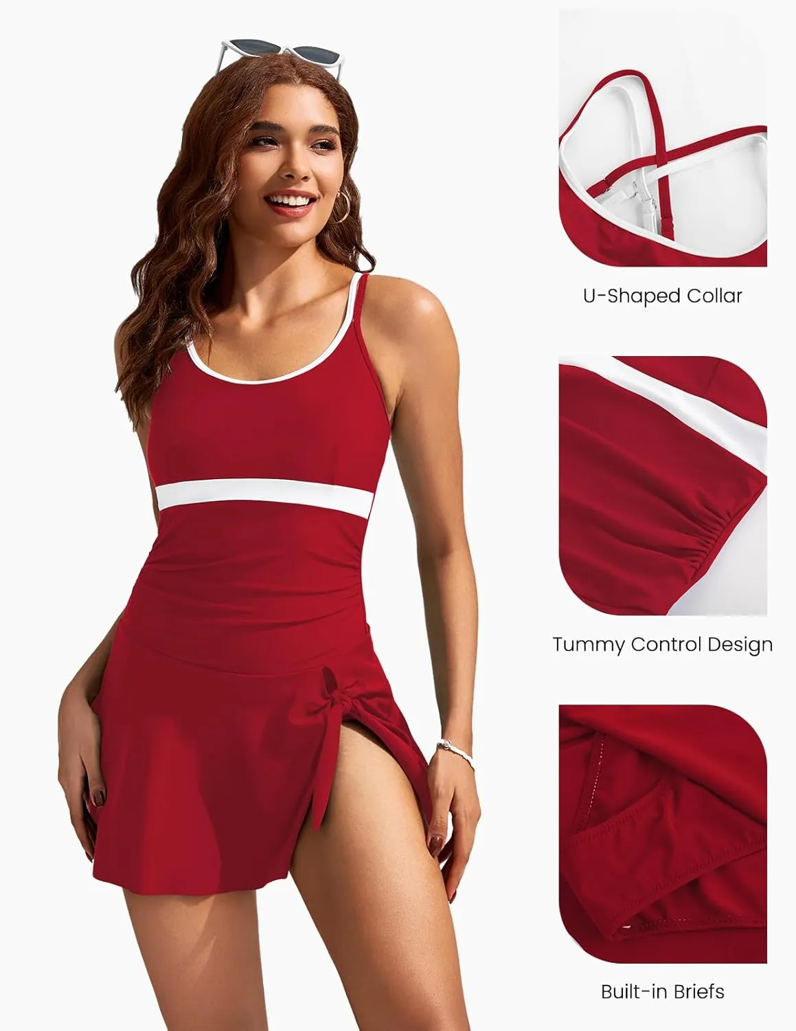 Kate Kasin Women One Piece Swimsuit Tummy Control Swim Dress Color Block Bathing Suit Skirt
