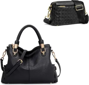 Kattee Genuine Leather Tote Bags Bundle with Small Woven Crossbody Bags for Women