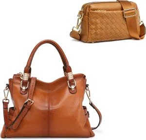 Kattee Genuine Leather Tote Bags Bundle with Small Woven Crossbody Bags for Women
