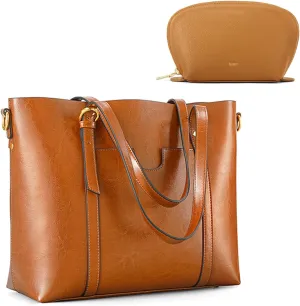 Kattee Soft Leather Tote Bag with Cosmetic Makeup Bag for Women, Shoulder Handbags Purses with Pouch Organizer for Large Totes Outdoor Travel