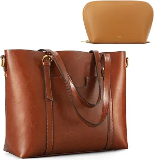 Kattee Soft Leather Tote Bag with Cosmetic Makeup Bag for Women, Shoulder Handbags Purses with Pouch Organizer for Large Totes Outdoor Travel