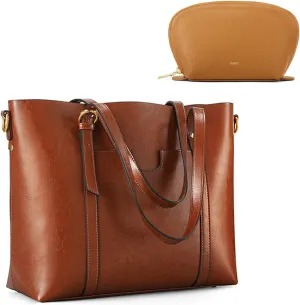 Kattee Soft Leather Tote Bag with Cosmetic Makeup Bag for Women, Shoulder Handbags Purses with Pouch Organizer for Large Totes Outdoor Travel