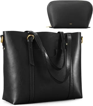 Kattee Soft Leather Tote Bag with Cosmetic Makeup Bag for Women, Shoulder Handbags Purses with Pouch Organizer for Large Totes Outdoor Travel