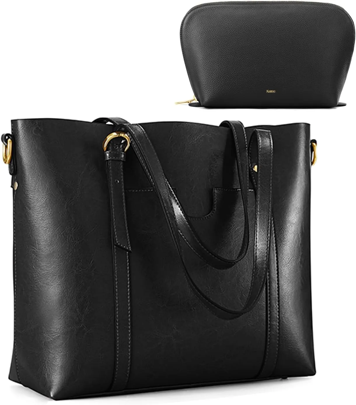 Kattee Soft Leather Tote Bag with Cosmetic Makeup Bag for Women, Shoulder Handbags Purses with Pouch Organizer for Large Totes Outdoor Travel