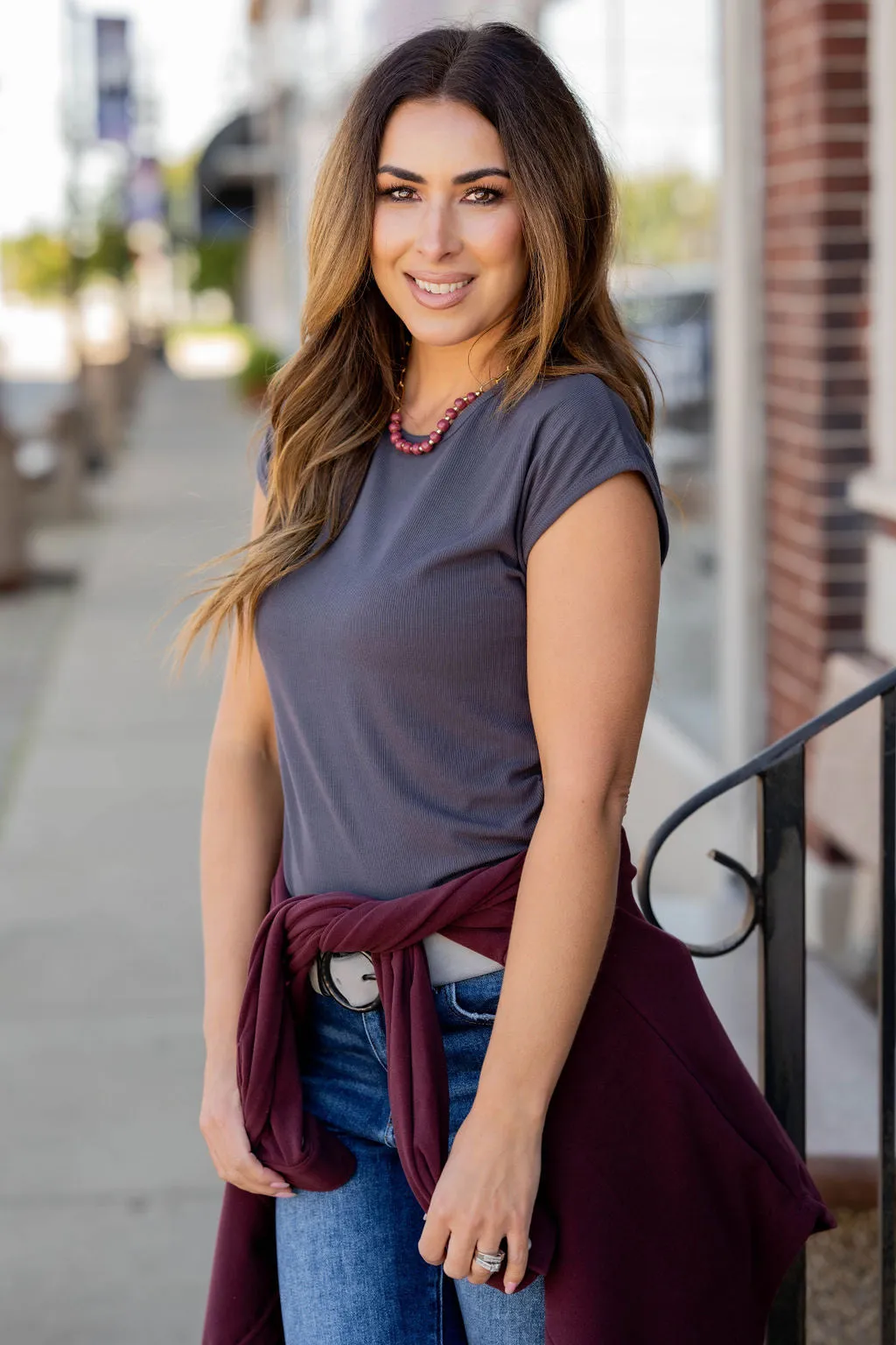 Lightly Ribbed Cap Sleeve Tee