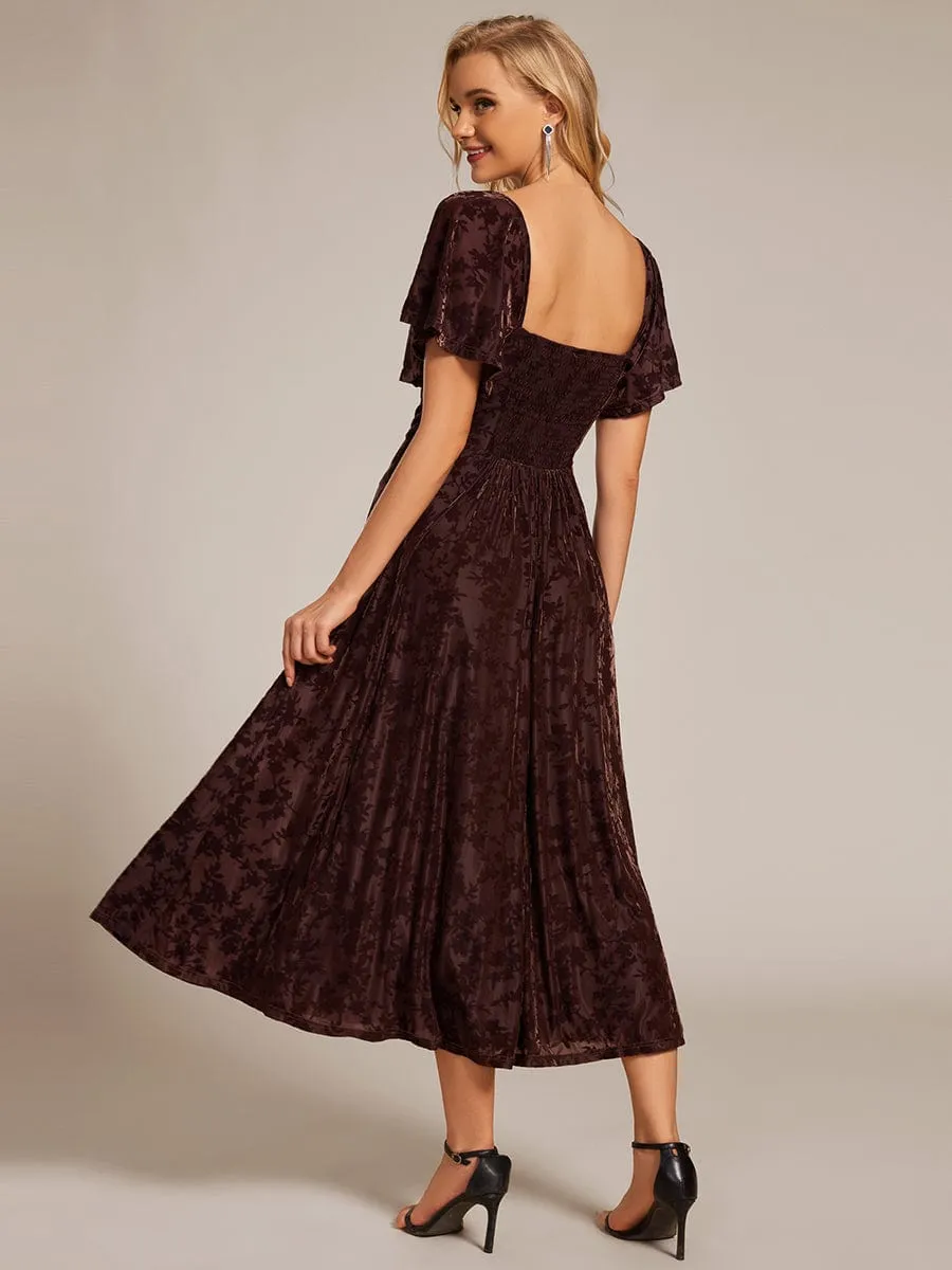 Lola | Elegant Stretchy Short Sleeve Tea Length Velvet Wedding Guest Dress