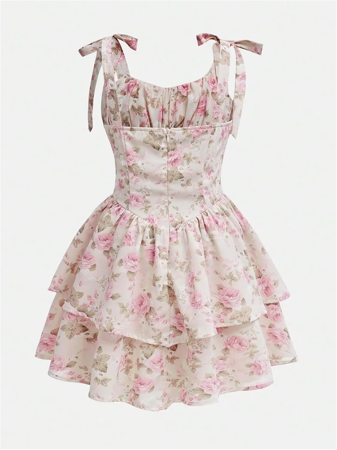 MakeMeChic Girl's Floral Print Ruched Ruffle Tiered Tie Shoulder A Line Summer Mini Dress