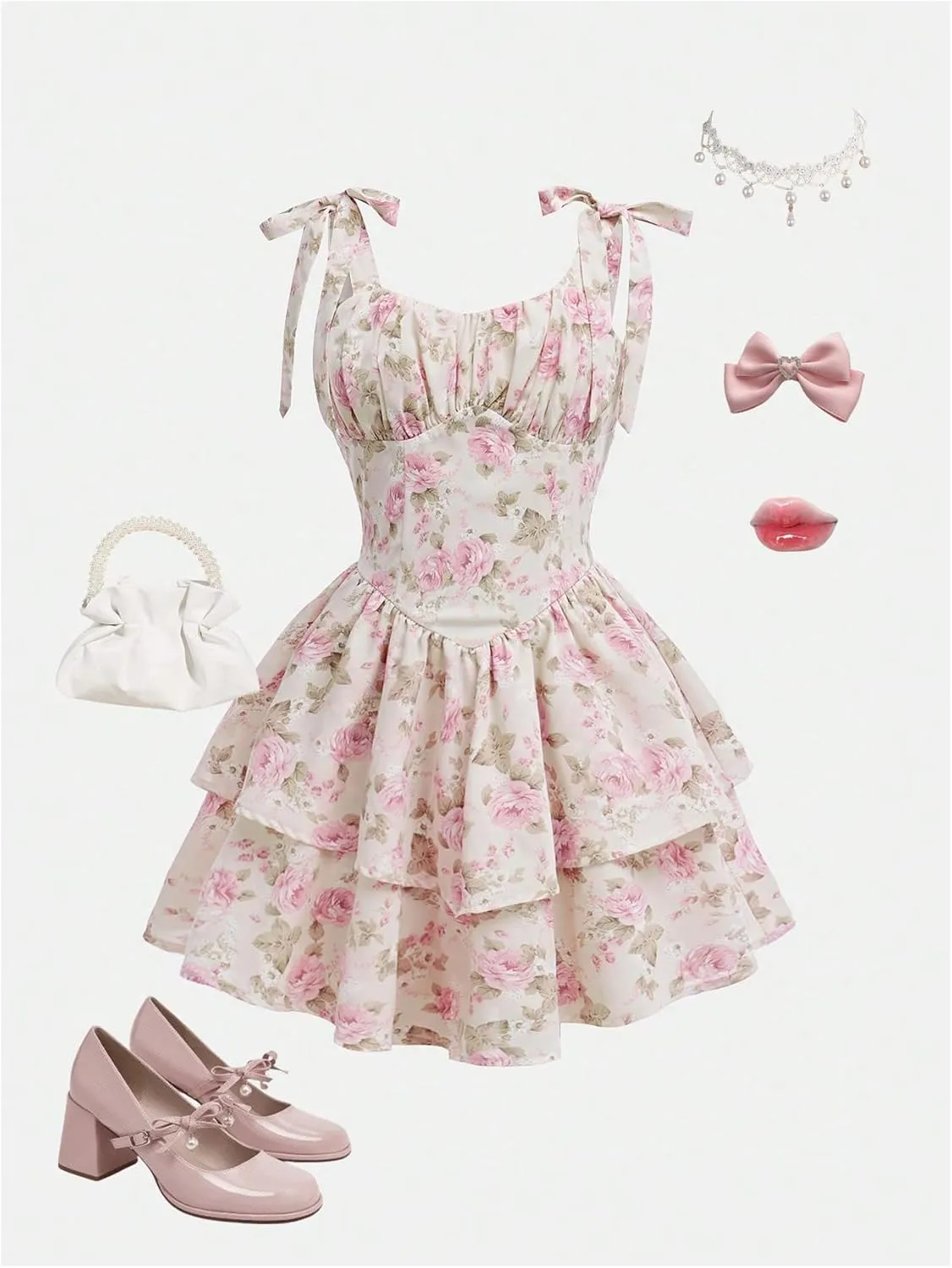 MakeMeChic Girl's Floral Print Ruched Ruffle Tiered Tie Shoulder A Line Summer Mini Dress