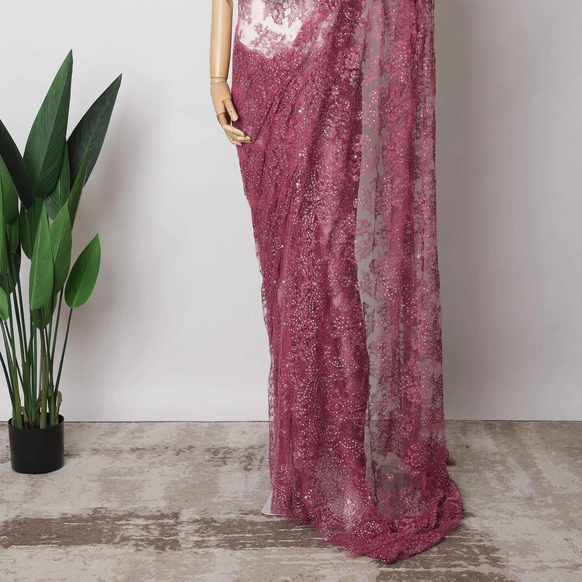 Mauve Pink French Metallic Chantilly Lace Fabric with Stone Work, 5.5 Meters-110 Cms-D21037