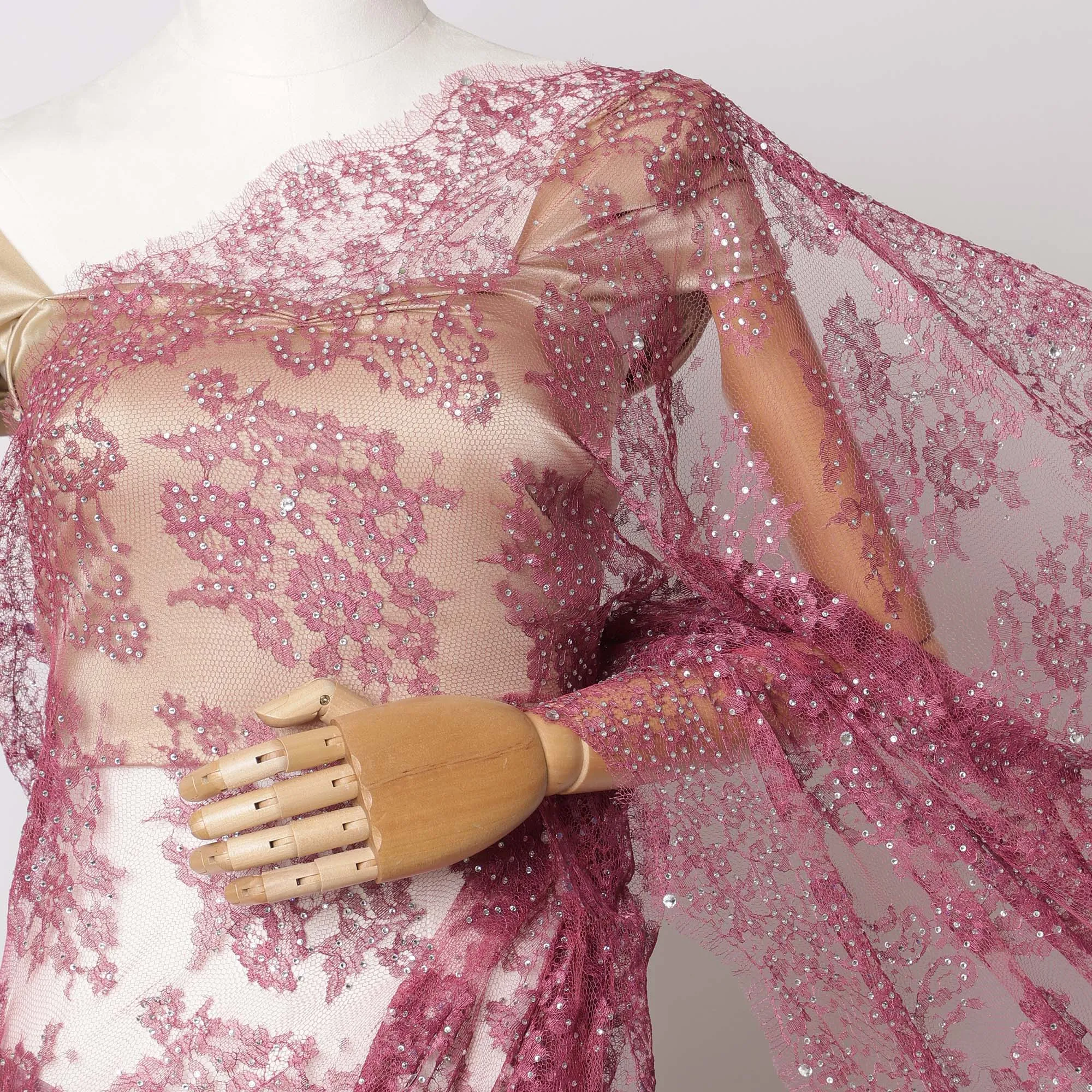 Mauve Pink French Metallic Chantilly Lace Fabric with Stone Work, 5.5 Meters-110 Cms-D21037