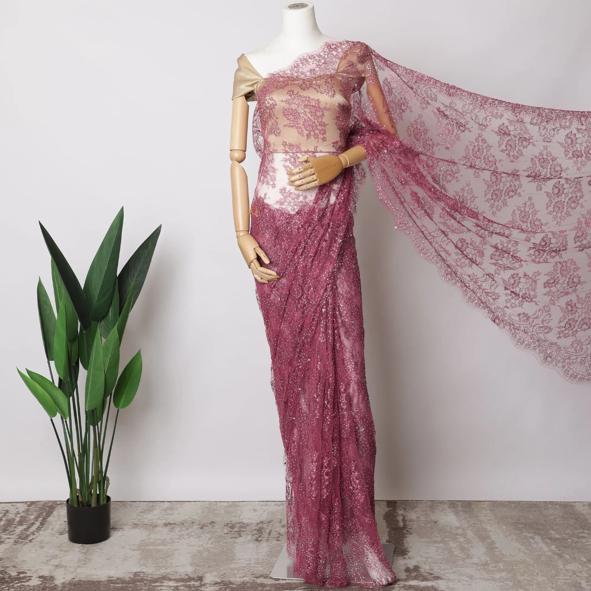 Mauve Pink French Metallic Chantilly Lace Fabric with Stone Work, 5.5 Meters-110 Cms-D21037