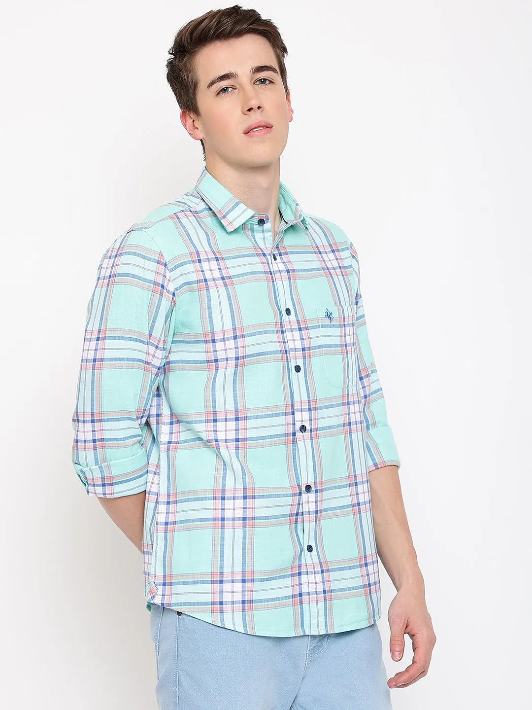 Men's Aqua Green Casual Big Checks Full Sleeve Shirt
