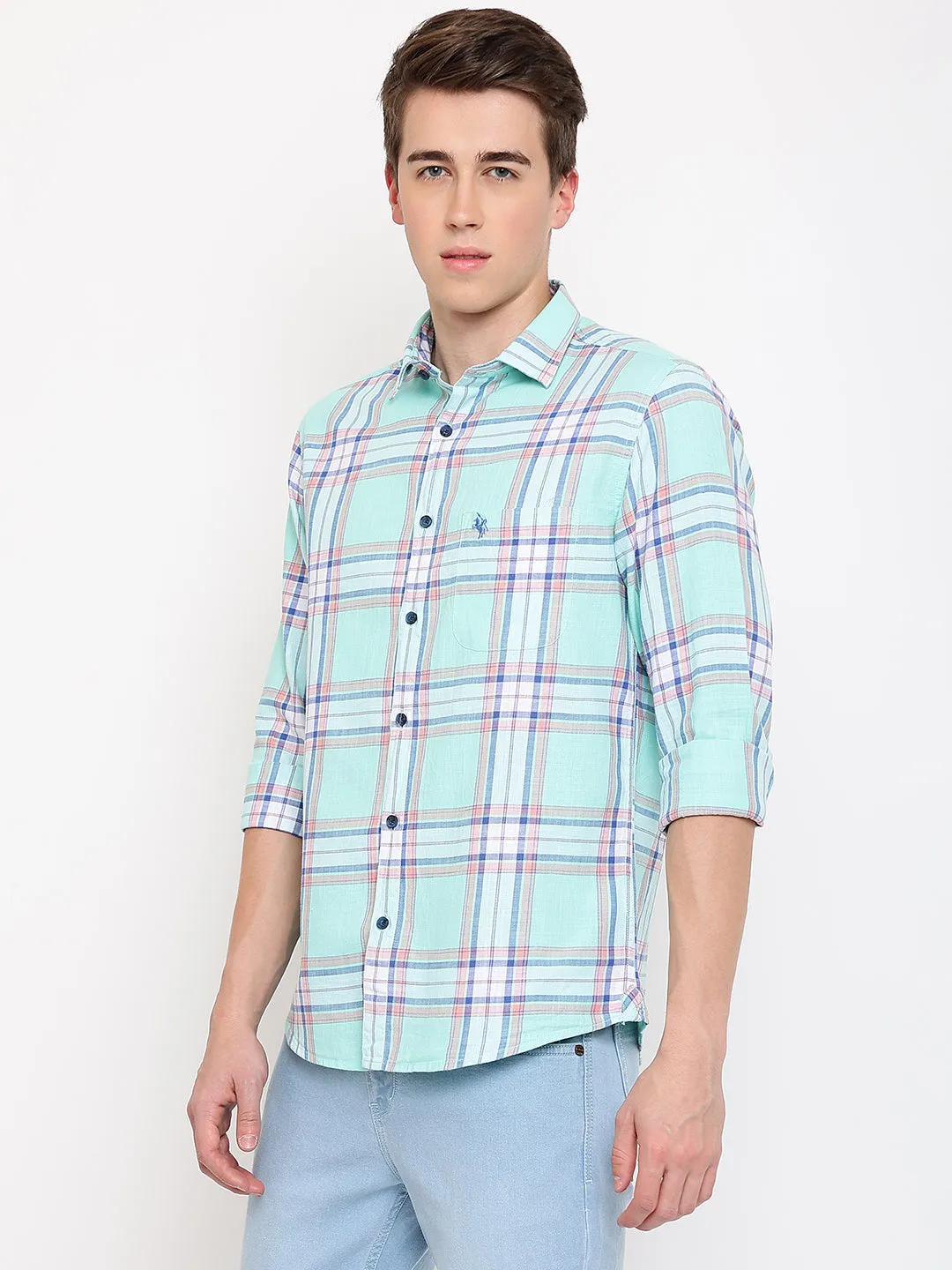 Men's Aqua Green Casual Big Checks Full Sleeve Shirt