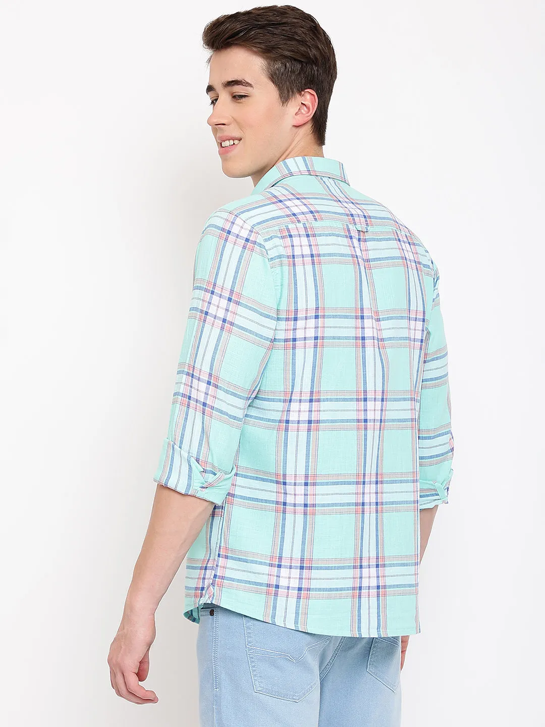 Men's Aqua Green Casual Big Checks Full Sleeve Shirt